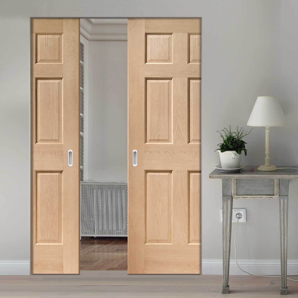 Bespoke Colonial Oak 6 Panel Double Frameless Pocket Door - No Raised Mouldings