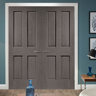 Image: Prefinished Bespoke Victorian Oak 4 Panel Door Pair - No Raised Mouldings - Choose Your Colour