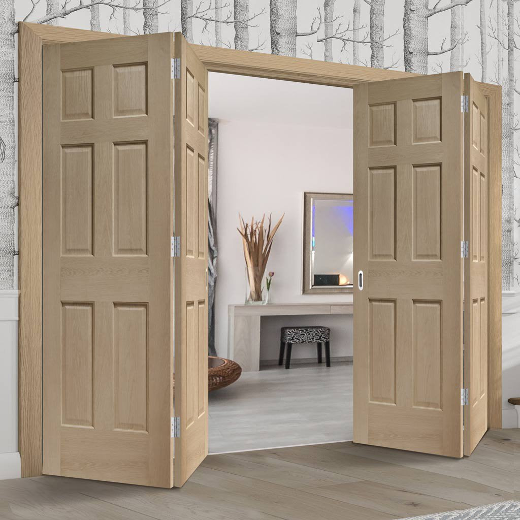 Four Folding Doors & Frame Kit - Colonial Oak 6 Panel 2+2 - No Raised Mouldings - Unfinished