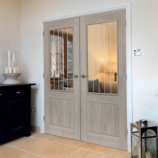 Image: J B Kind Laminates Colorado Grey Coloured Door Pair - Clear Glass - Prefinished