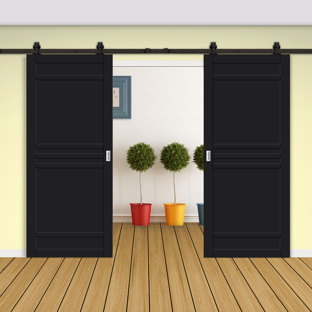 Top Mounted Black Sliding Track & Solid Wood Double Doors - Eco-Urban® Colorado 6 Panel Doors DD6436 - Shadow Black Premium Primed