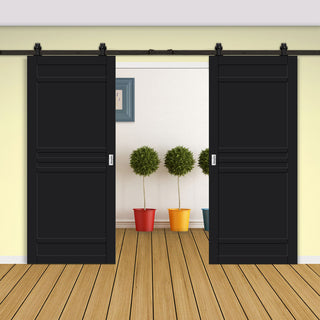 Image: Top Mounted Black Sliding Track & Solid Wood Double Doors - Eco-Urban® Colorado 6 Panel Doors DD6436 - Shadow Black Premium Primed