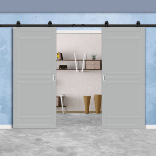 Image: Top Mounted Black Sliding Track & Solid Wood Double Doors - Eco-Urban® Colorado 6 Panel Doors DD6436 - Mist Grey Premium Primed