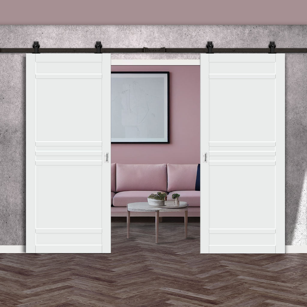 Top Mounted Black Sliding Track & Solid Wood Double Doors - Eco-Urban® Colorado 6 Panel Doors DD6436 - Cloud White Premium Primed