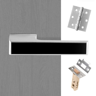 Image: Tupai Rapido VersaLine Tobar Lever on Long Rose - Pearl Black Decorative Plate - Satin Chrome Handle Pack