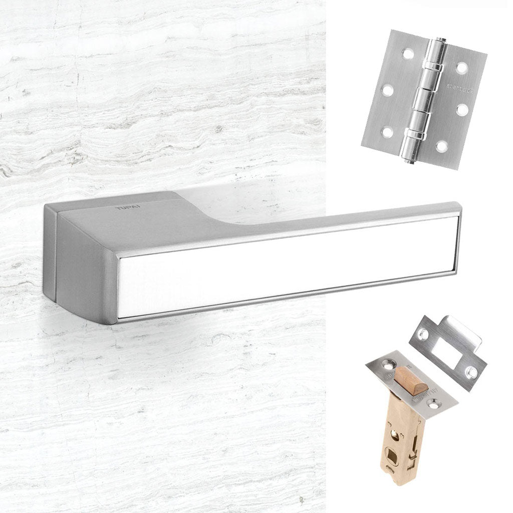 Tupai Rapido VersaLine Tobar Lever on Long Rose - White Decorative Plate - Satin Chrome Handle Pack