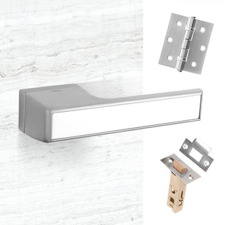 Image: Tupai Rapido VersaLine Tobar Lever on Long Rose - White Decorative Plate - Satin Chrome Handle Pack