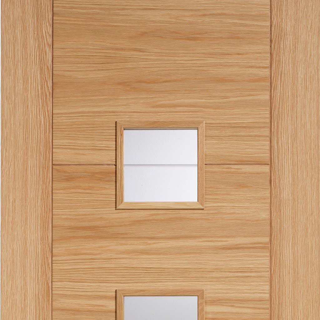 Bespoke Thruslide Surface Vancouver Oak 4LS Door Diamond Lined Clear Glass - Prefinished Sliding Double Door and Track Kit