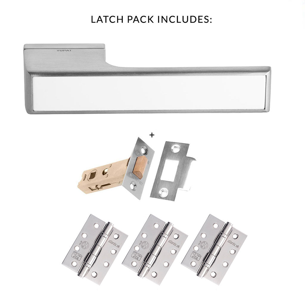 Tupai Rapido VersaLine Tobar Fire Lever on Long Rose - White Decorative Plate - Satin Chrome Handle Pack