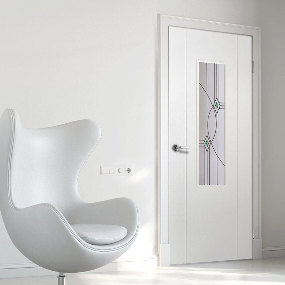 White PVC contemporary door with lightly grained faces elgin fusion eclipse style toughened clear glass 