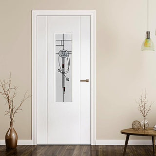 Image: White PVC contemporary door with lightly grained faces nairn macintosh style toughened clear glass 
