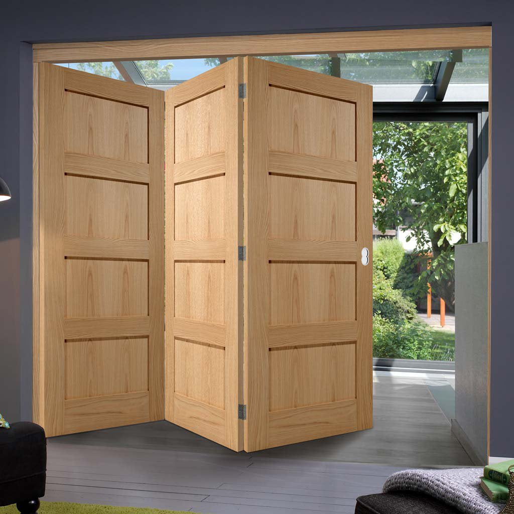 Three Folding Doors & Frame Kit - Contemporary 4 Panel Oak 3+0 - Unfinished