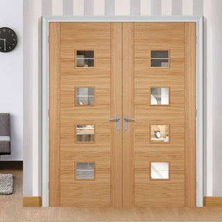 Image: Bespoke Vancouver Oak 4LS Door Pair Diamond Lined Clear Glass - Prefinished