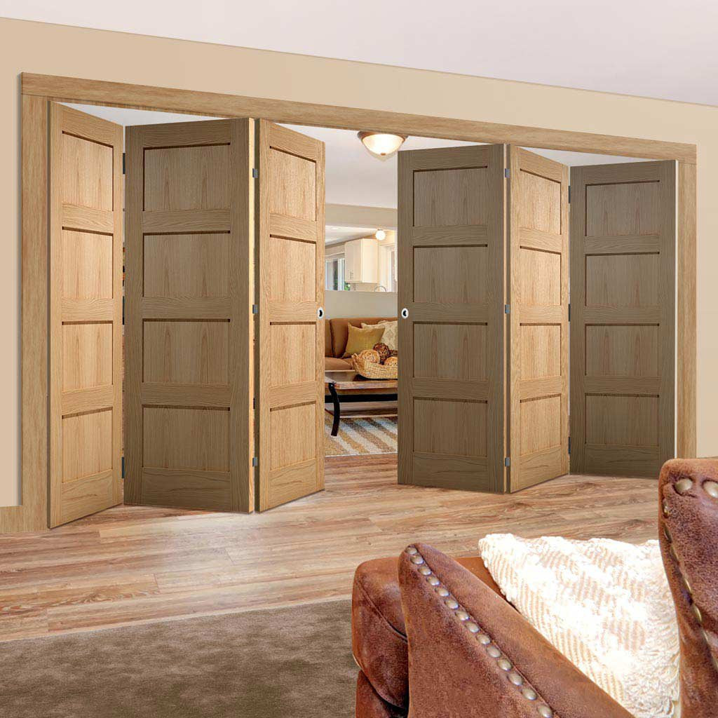 Six Folding Doors & Frame Kit - Contemporary 4 Panel Oak 3+3 - Unfinished