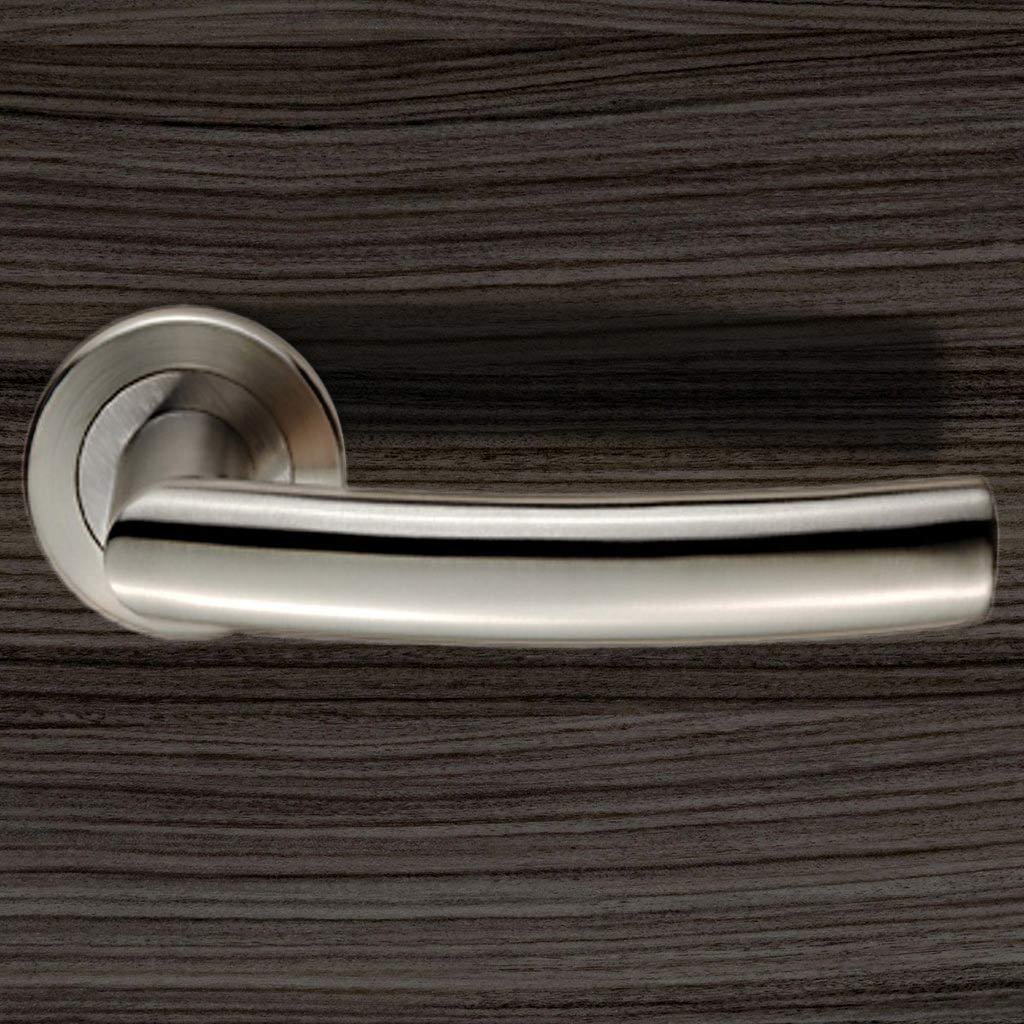 Steelworx SWL1165 Scimitar Lever Latch Handles on Round Rose - Satin Stainless Steel