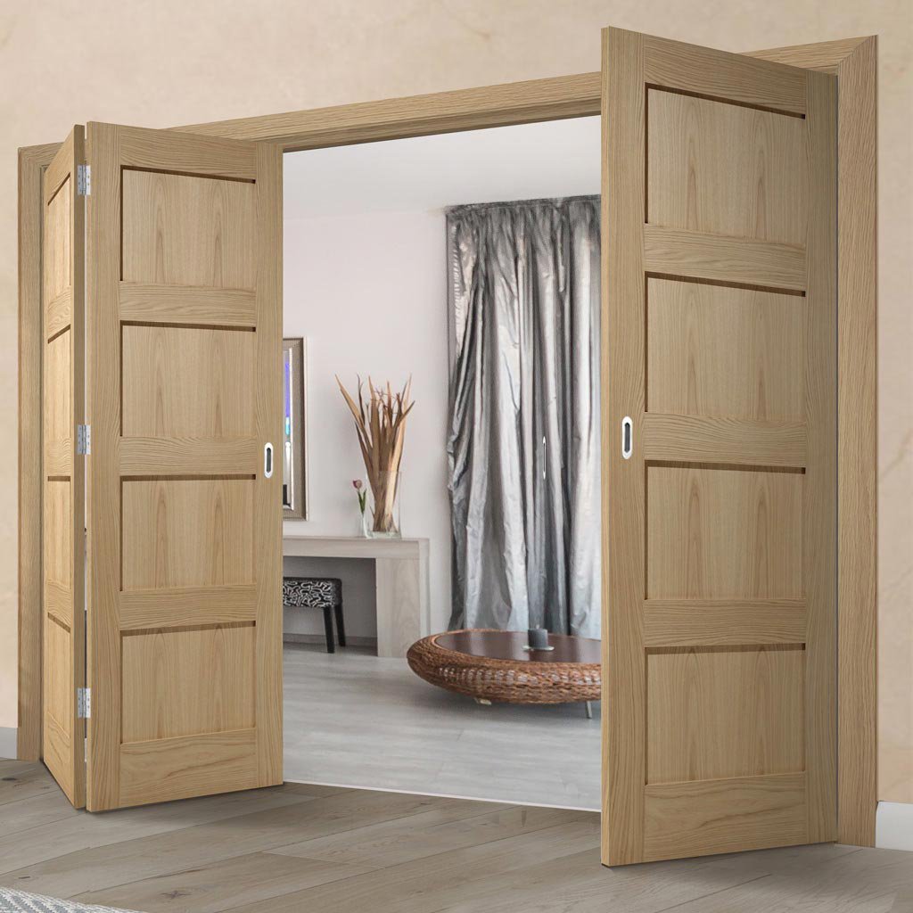 Three Folding Doors & Frame Kit - Contemporary 4 Panel Oak 2+1 - Unfinished