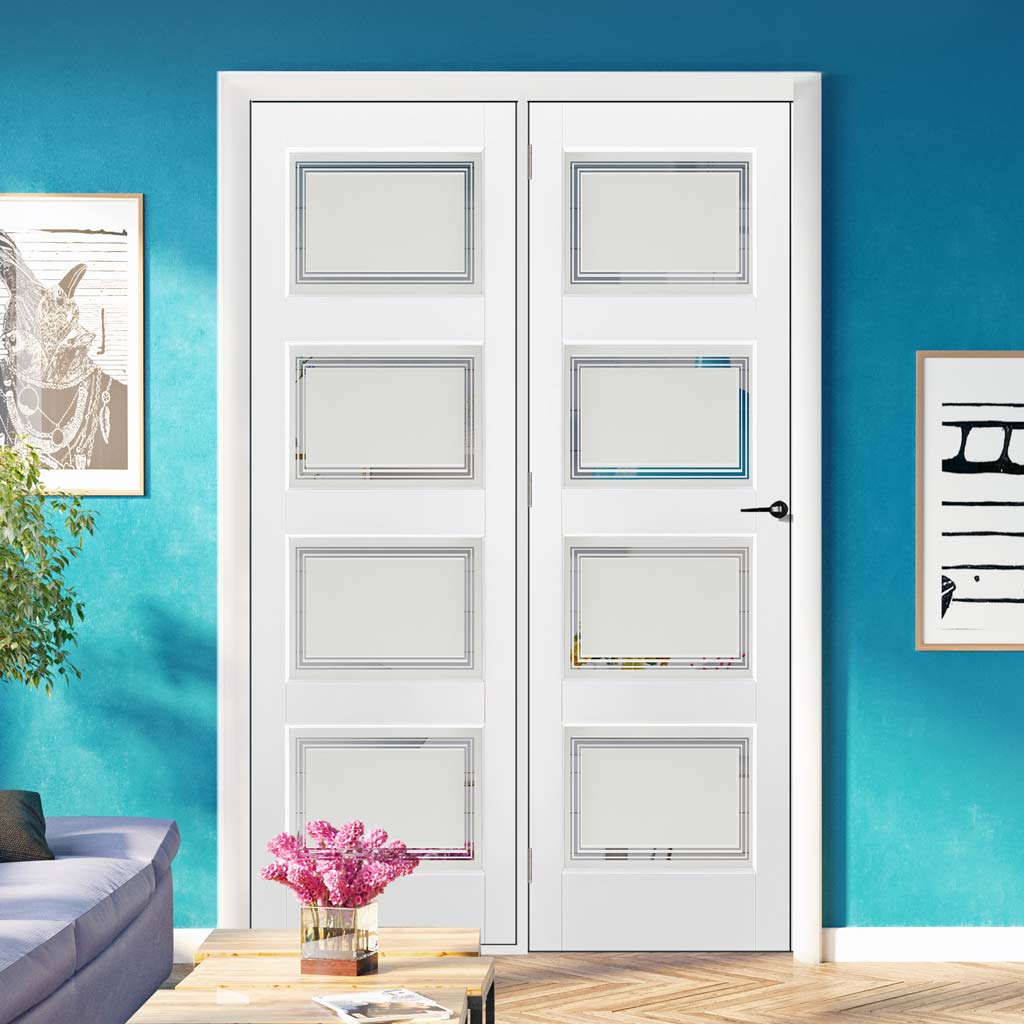 ThruEasi Room Divider - Contemporary 4 Pane Sandblasted Glass - Clear Lines White Primed Door with Single Side