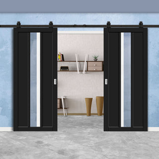 Image: Top Mounted Black Sliding Track & Solid Wood Double Doors - Eco-Urban® Cornwall 1 Pane 2 Panel Doors DD6404G Clear Glass - Shadow Black Premium Primed