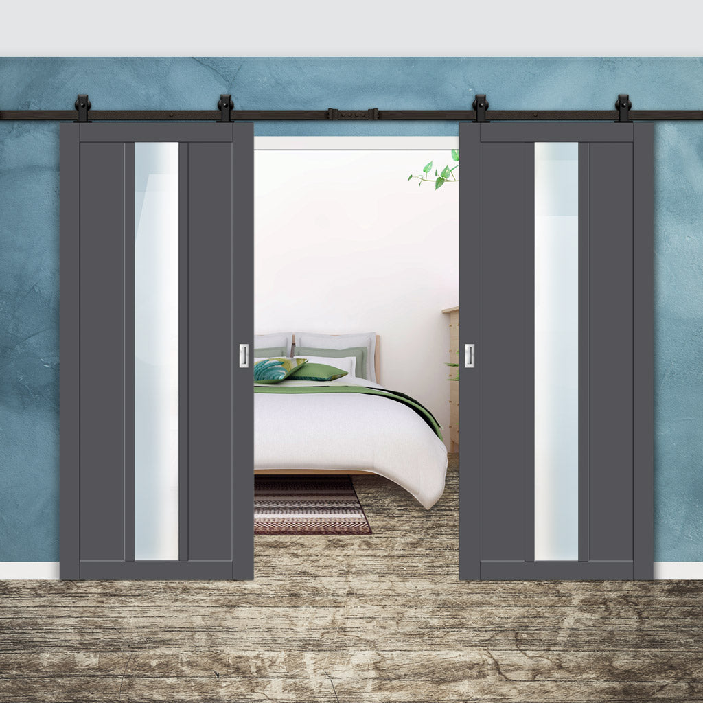 Top Mounted Black Sliding Track & Solid Wood Double Doors - Eco-Urban® Cornwall 1 Pane 2 Panel Doors DD6404SG Frosted Glass - Stormy Grey Premium Primed