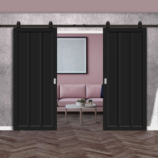 Image: Top Mounted Black Sliding Track & Solid Wood Double Doors - Eco-Urban® Cornwall 3 Panel Doors DD6404 - Shadow Black Premium Primed