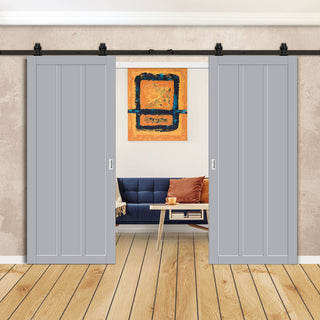 Image: Top Mounted Black Sliding Track & Solid Wood Double Doors - Eco-Urban® Cornwall 3 Panel Doors DD6404 - Mist Grey Premium Primed