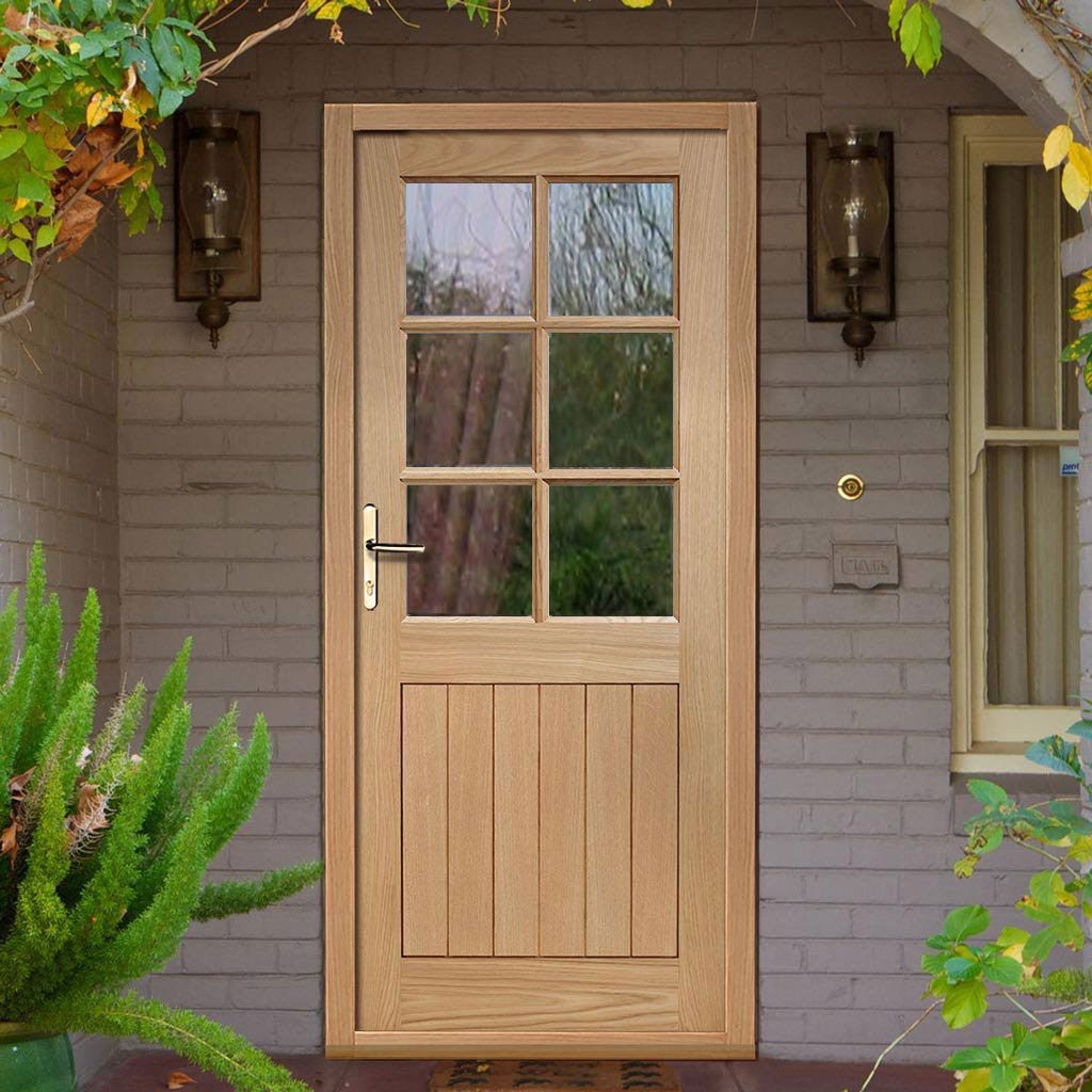 Cottage 6L Oak External Door and Frame Set with Fittings - Clear Double Glazing, From LPD Joinery