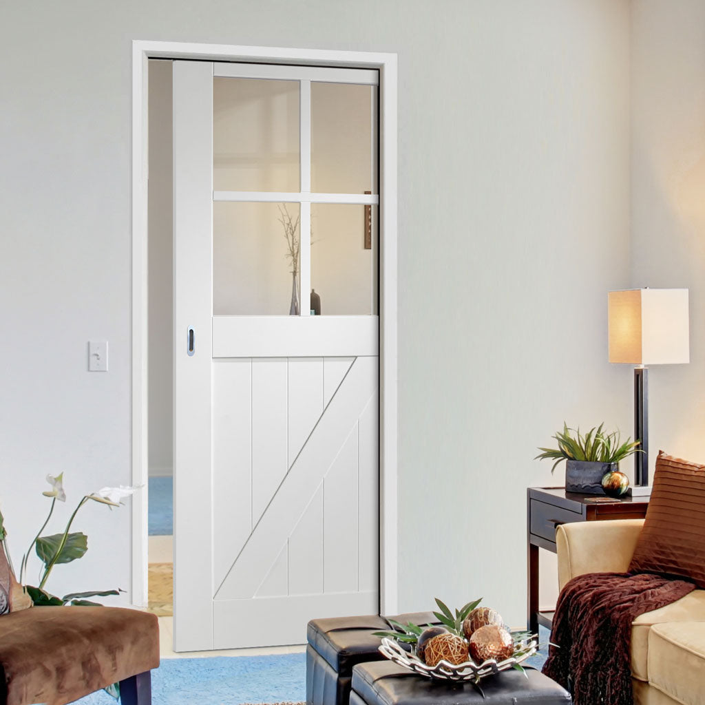 Frame Ledged and Braced Cottage Single Evokit Pocket Door - Clear Glass - White Primed