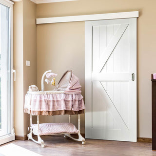 Image: Single Sliding Door & Wall Track - Cottage Frame Ledge and Braced Door - White Primed