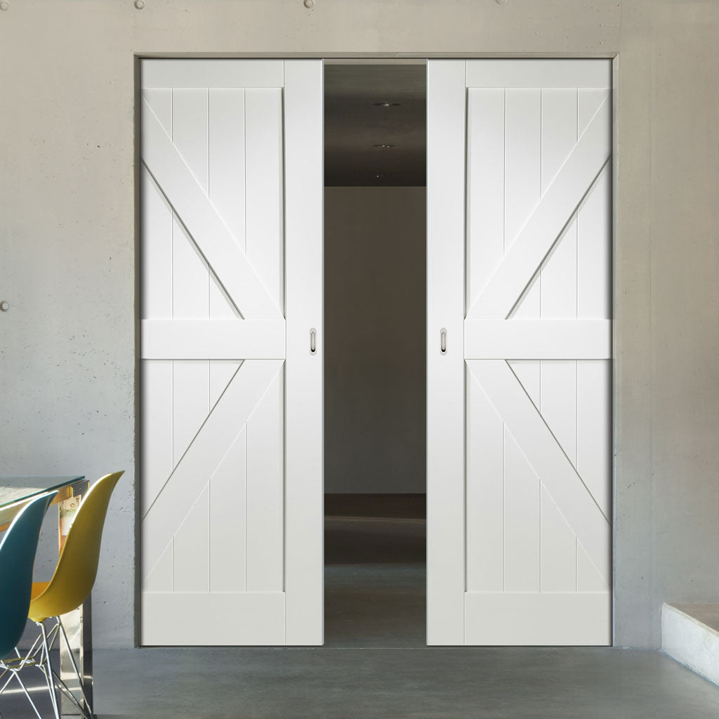 Cottage Frame Ledge and Braced Absolute Evokit Pocket Double Pocket Door - White Primed