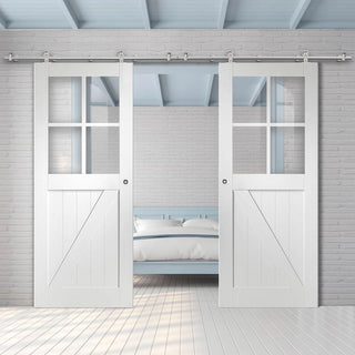 Image: Sirius Tubular Stainless Steel Sliding Track & Frame Ledged and Braced Cottage Double Door - Clear Glass - White Primed