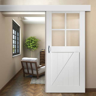 Image: Single Sliding Door & Wall Track - Frame Ledged and Braced Cottage with Clear Glass- White Primed