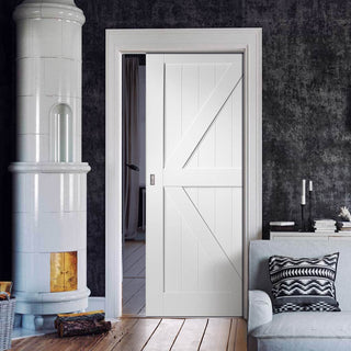 Image: Cottage Frame Ledge and Braced Single Evokit Pocket Door - White Primed