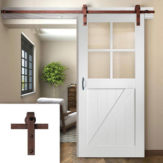 Image: Single Sliding Door & Straight Antique Rust Track - Frame Ledged and Braced Cottage with Clear Glass- White Primed