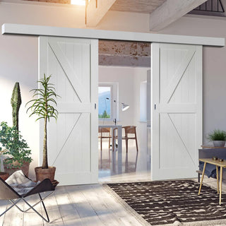 Image: Double Sliding Door & Wall Track - Cottage Frame Ledge and Braced Door - White Primed