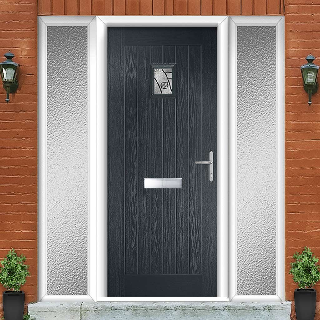 Country Style Aruba 1 Composite Front Door Set with Double Side Screen - Abstract Glass - Shown in Anthracite Grey