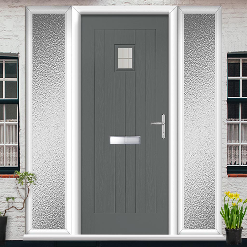 Country Style Aruba 1 Composite Front Door Set with Double Side Screen - Linear Glass - Shown in Mouse Grey