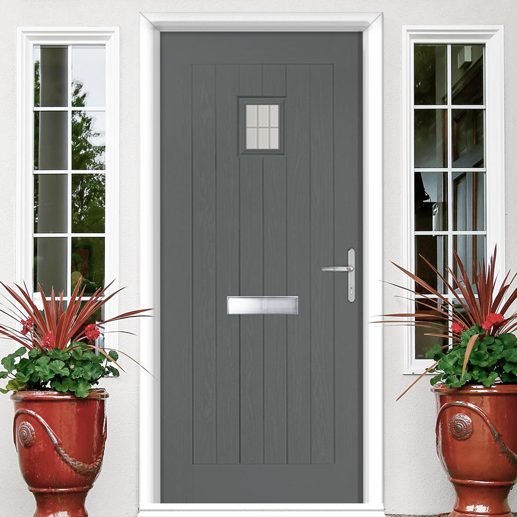 Country Style Aruba 1 Composite Front Door Set with Linear Glass - Shown in Mouse Grey