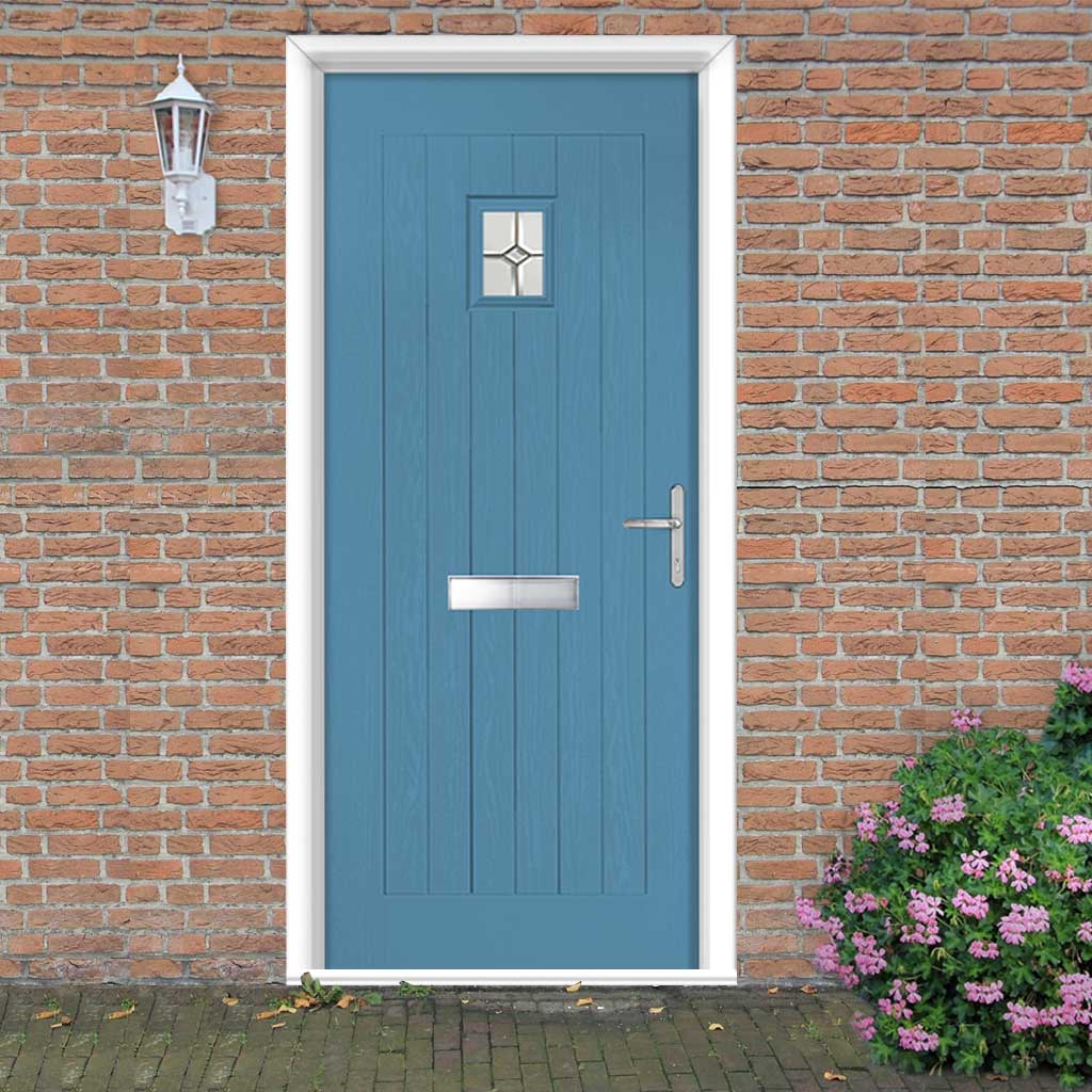 Country Style Aruba 1 Composite Front Door Set with Mirage Glass - Shown in Pastel Blue