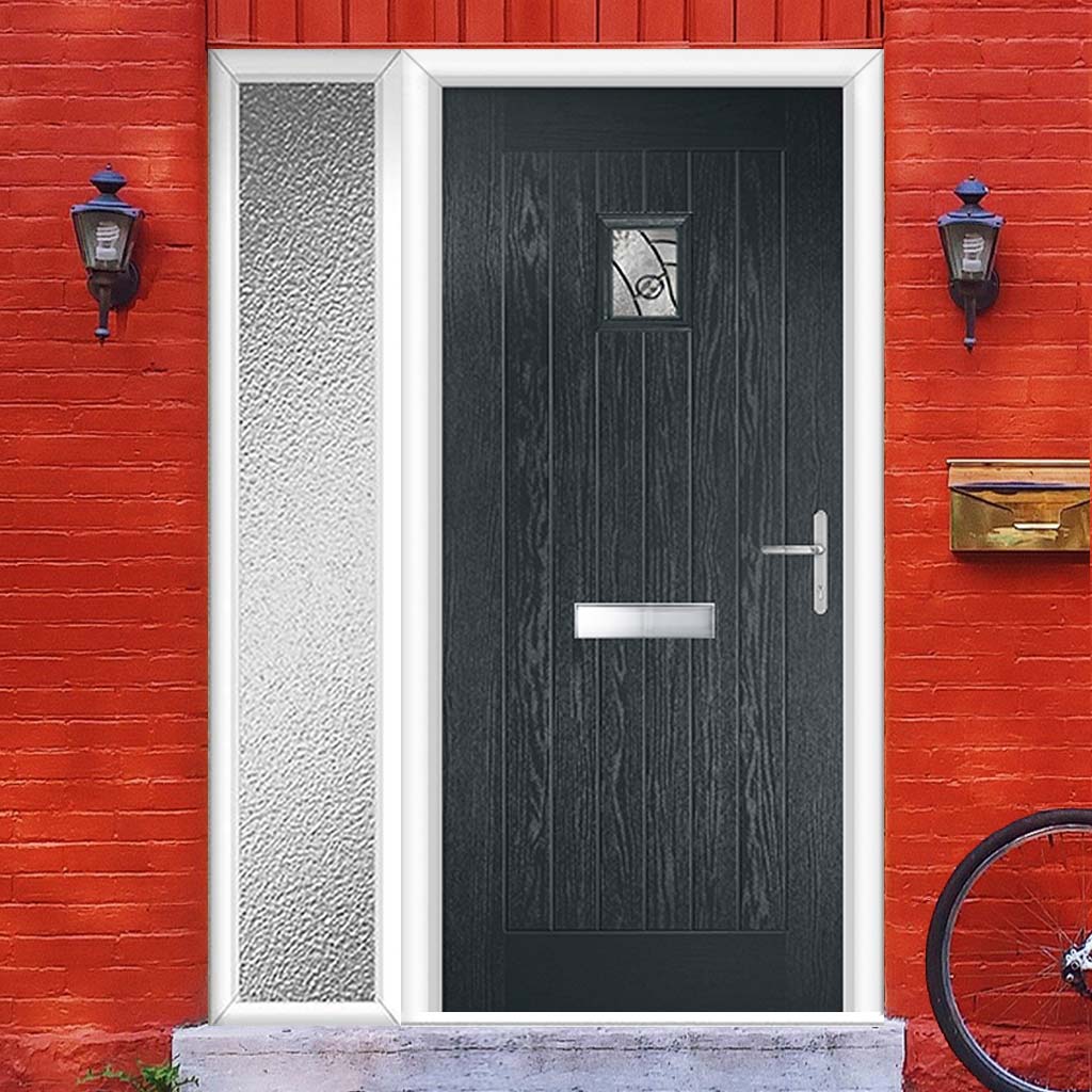 Country Style Aruba 1 Composite Front Door Set with Single Side Screen - Abstract Glass - Shown in Anthracite Grey