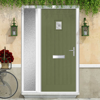 Image: Country Style Aruba 1 Composite Front Door Set with Single Side Screen - Sandblast Ellie Glass - Shown in Reed Green