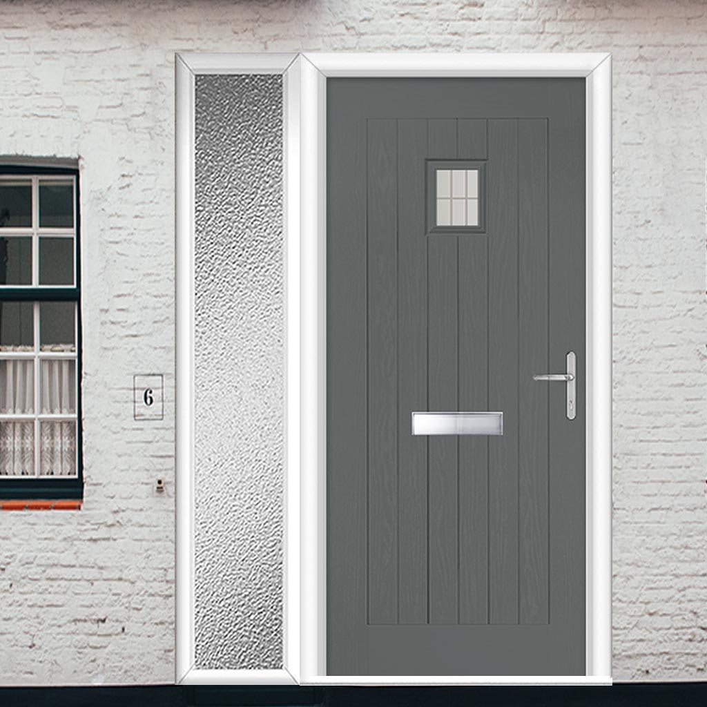Country Style Aruba 1 Composite Front Door Set with Single Side Screen - Linear Glass - Shown in Mouse Grey