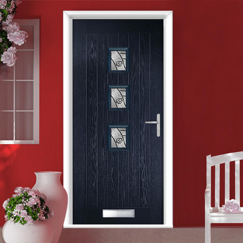 Country Style Aruba 3 Composite Front Door Set with Central Abstract Glass - Shown in Blue