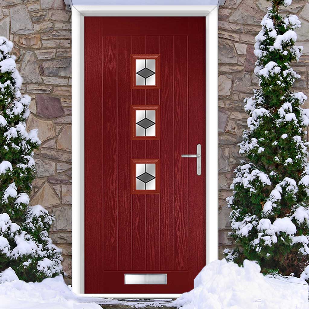 Country Style Aruba 3 Composite Front Door Set with Central Diamond Grey Glass - Shown in Red