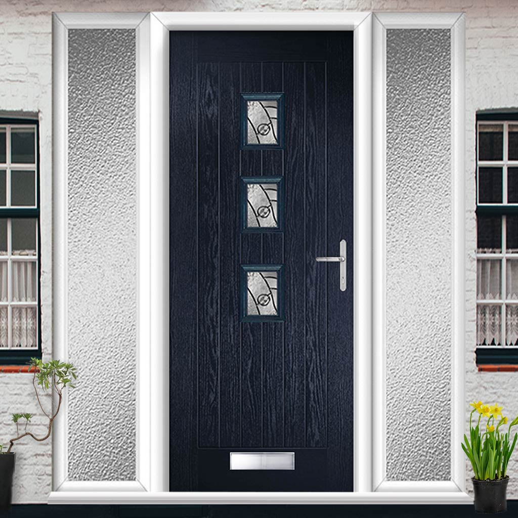 Country Style Aruba 3 Composite Front Door Set with Double Side Screen - Central Abstract Glass - Shown in Blue