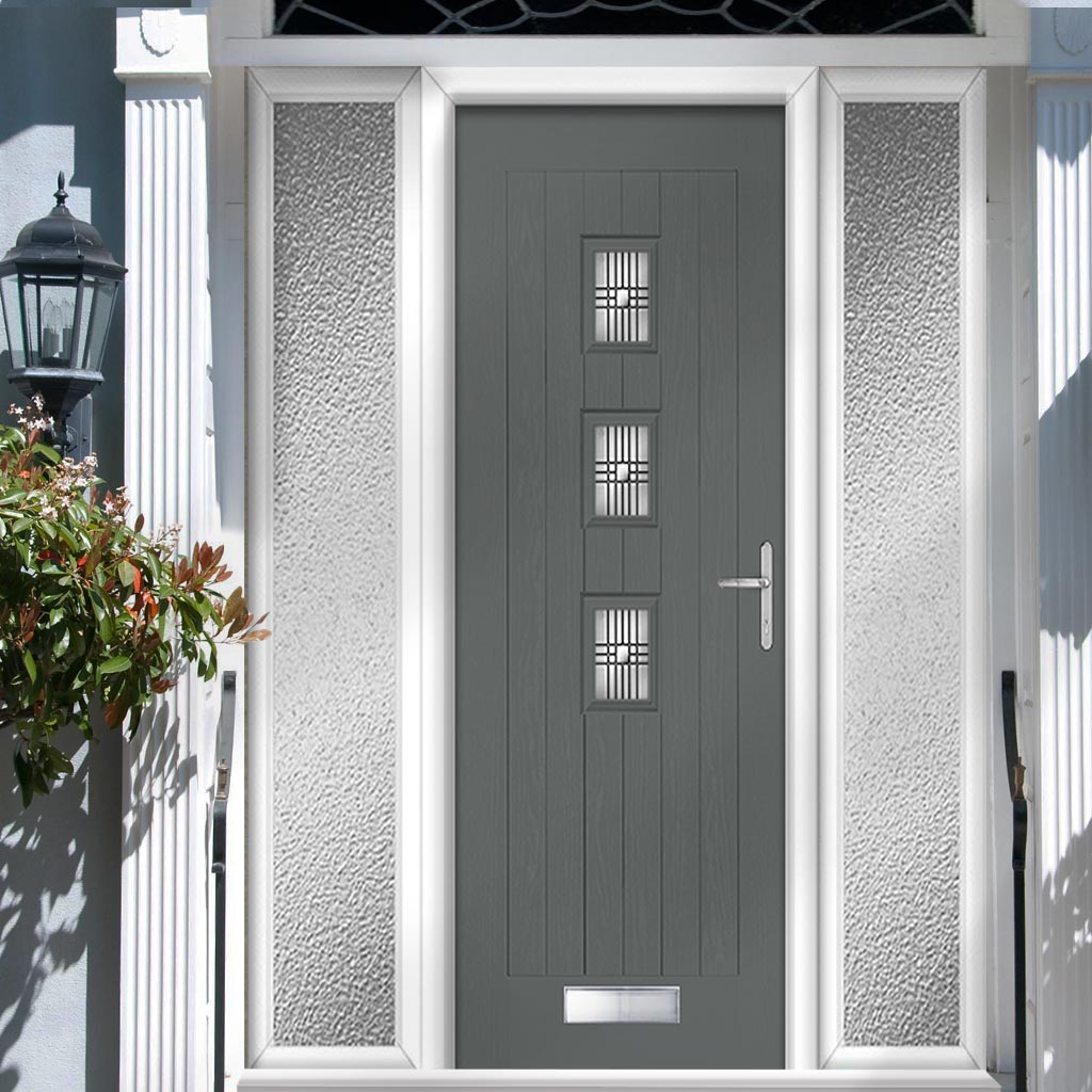 Country Style Aruba 3 Composite Front Door Set with Double Side Screen - Central Matisse Glass - Shown in Mouse Grey