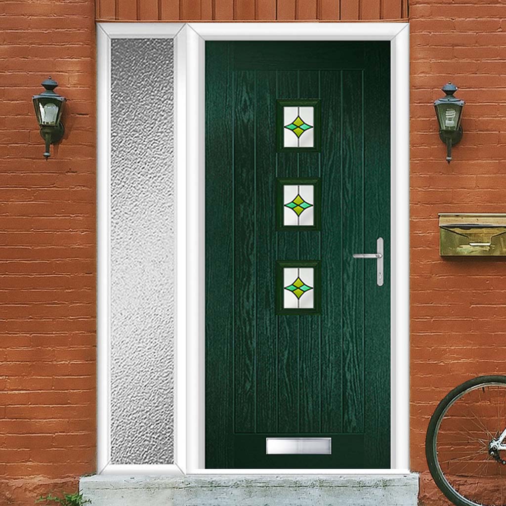 Country Style Aruba 3 Composite Front Door Set with Single Side Screen - Central Laptev Green Glass - Shown in Green