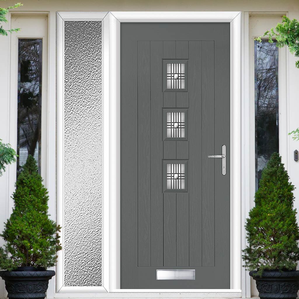 Country Style Aruba 3 Composite Front Door Set with Single Side Screen - Central Matisse Glass - Shown in Mouse Grey