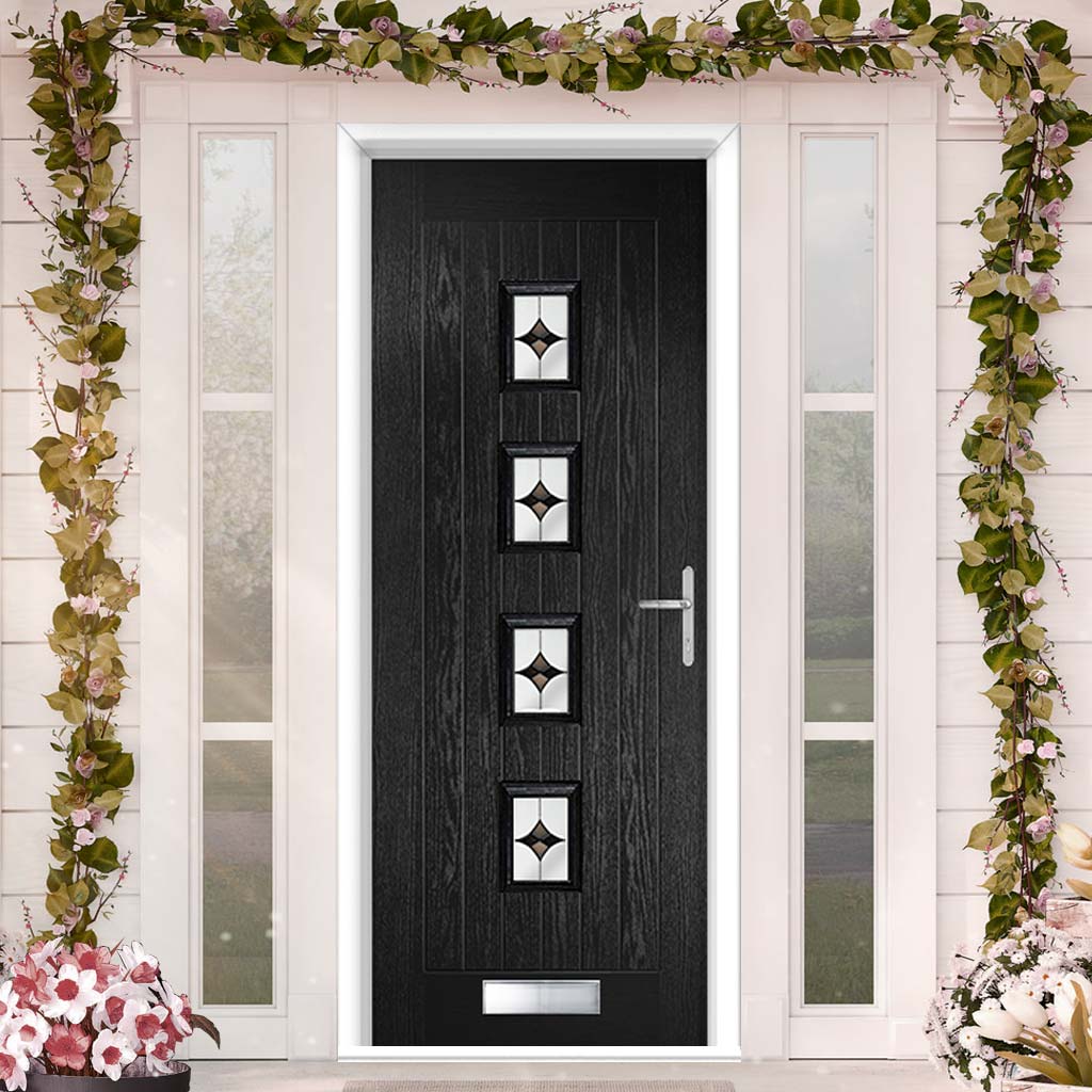 Country Style Aruba 4 Composite Front Door Set with Central Laptev Black Glass - Shown in Black