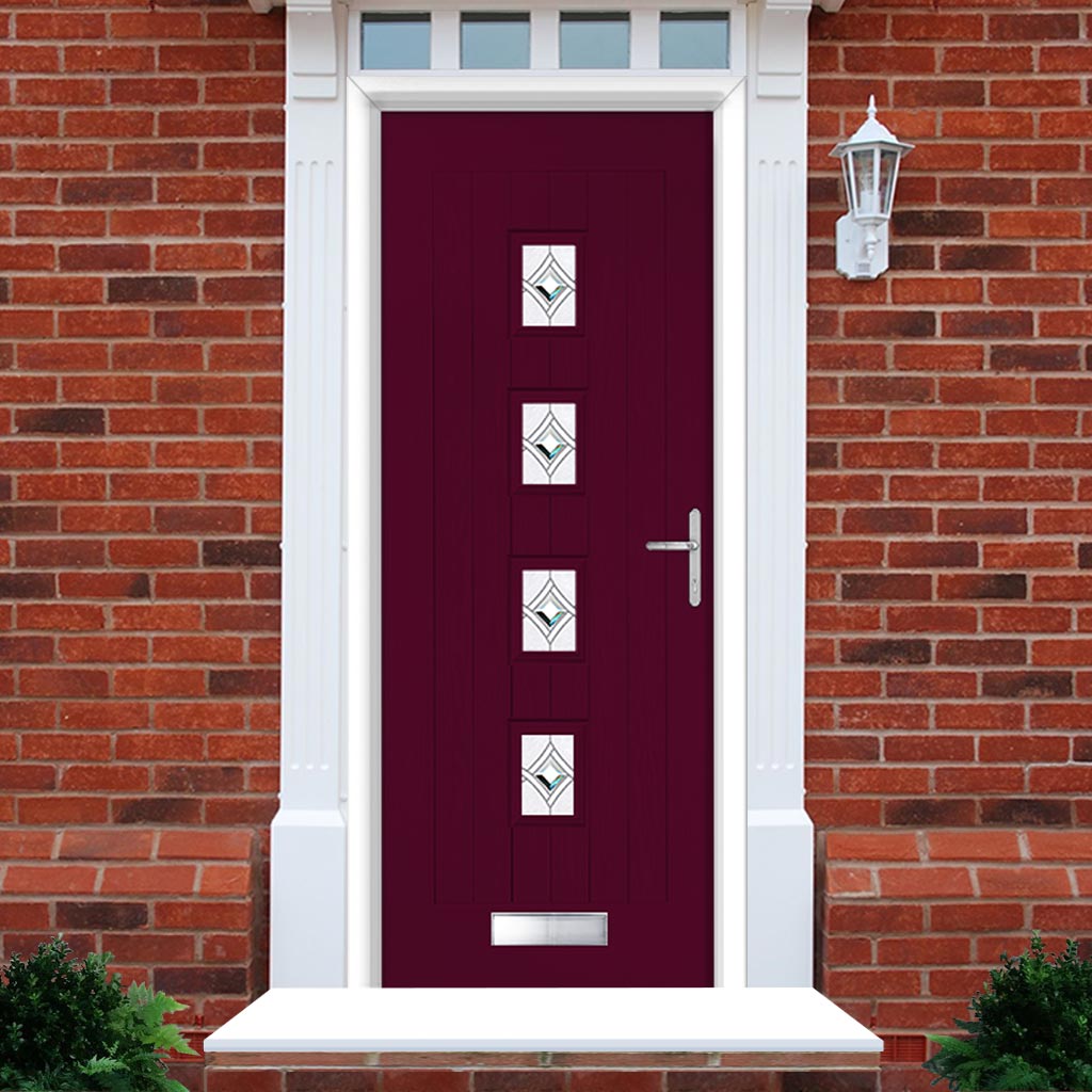 Country Style Aruba 4 Composite Front Door Set with Central Pusan Glass - Shown in Purple Violet