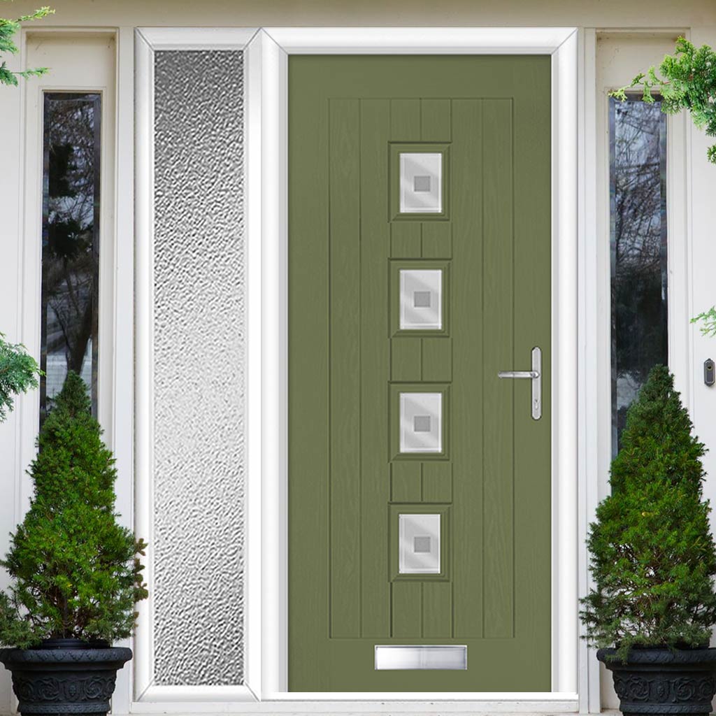 Country Style Aruba 4 Composite Front Door Set with Single Side Screen - Central Ellie Glass - Shown in Reed Green